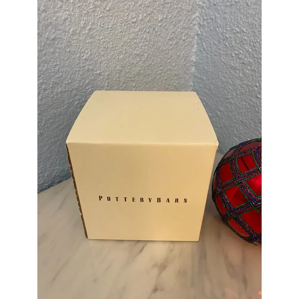 Pottery Barn Red Glass Glitter Lattice Ball Ornament w/ Original Box